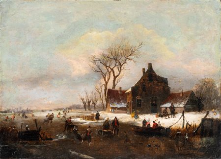Scuola fiamminga, secolo XIX ( )  - Paesaggio invernale con pattinatori,  