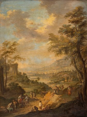 Artista fiammingo attivo in Italia, secolo XVIII ( )  - Paesaggio con viandanti in sosta,  