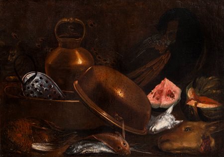 Giovanni Battista Recco (Napoli 1615 - 1660)  - Interno di cucina con vasellame, pesci, anguria, gatto e pavone,  