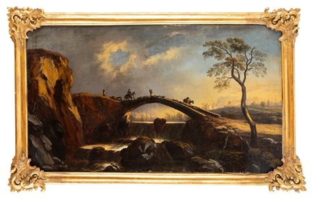 Hans De Jode ( )  - Paesaggio con ponte di pietra e viandanti,  