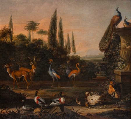 Abraham Jansz. Begeyn (Leida 1637 - Berlino 1697)  - Paesaggio con cervi e volatili,  