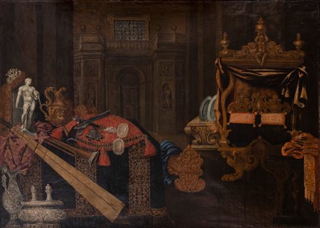 Carlo Manieri (attivo a Roma 1662 - 1700) ( )  - Natura morta con statua, armi e strumenti musicali in un interno con letto a baldacchino,  