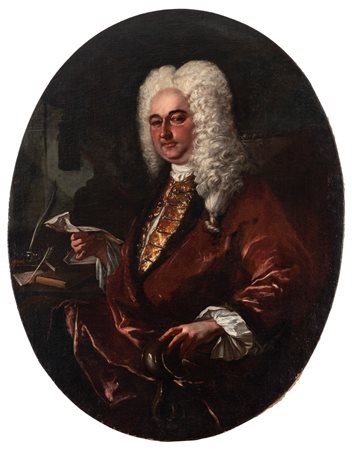Francesco Solimena (Canale di Serino 1657 - Barra 1747)  - Ritratto di gentiluomo a tre quarti di figura, con lettera in mano,  