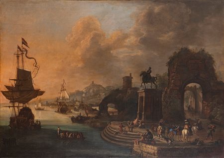 Abraham Storck (Amsterdam 1644 - 1708)  - Scena di porto con velieri e soldati,  