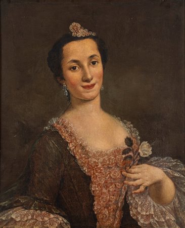 Pietro Longhi (Venezia 1701 - 1785)  - Ritratto di gentildonna con rosa in mano,  