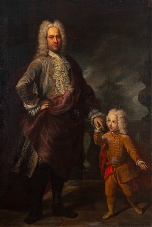 Giovanni Maria Delle Piane, detto il Mulinaretto (Genova  1660 - Monticelli d'Ongina 1745)  - Ritratto di gentiluomo a figura intera con il figlio,  