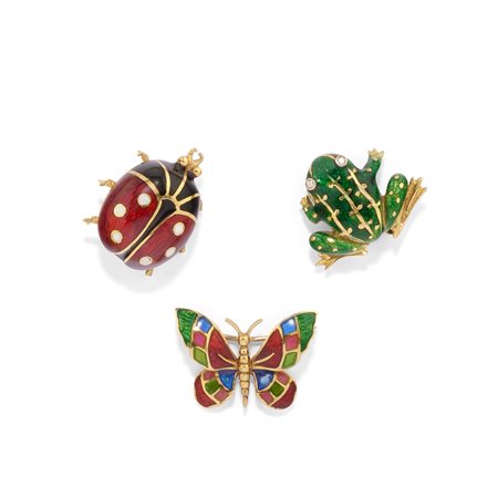 Lunati - Tre spille con smalti in oro giallo 18k