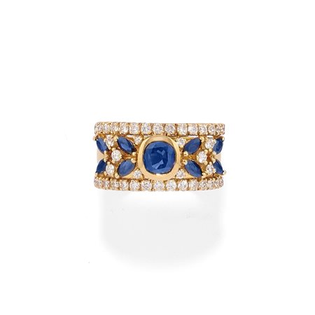 Anello con zaffiri e diamanti in oro giallo 18k