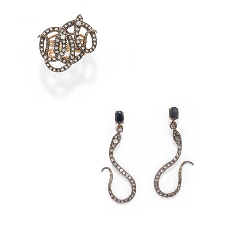 Anello e orecchini serpenti in oro giallo 18k e argento