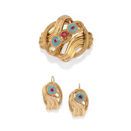 Demi-parure borbonica con smalti in oro giallo 14k