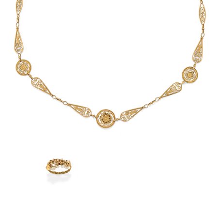 Collana e anello con perle in oro giallo 18k