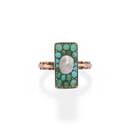 Anello con turchesi e madreperla in oro rosso 18k e argento