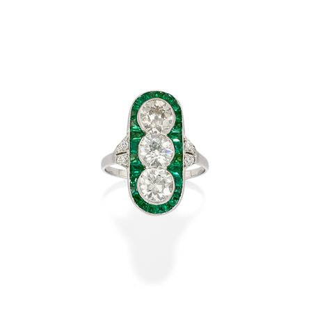 Anello con diamanti e smeraldi in oro bianco 18k