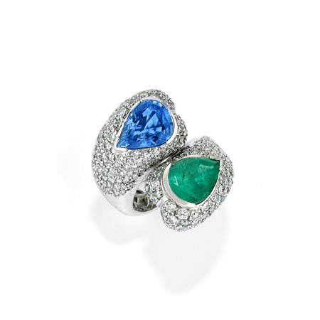 Anello con zaffiro e smeraldo Colombia  in oro bianco 18k