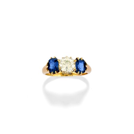 Anello con diamante e zaffiri  in oro giallo 18k