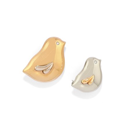 Coppia di spille pulcini in oro bicolore 18k