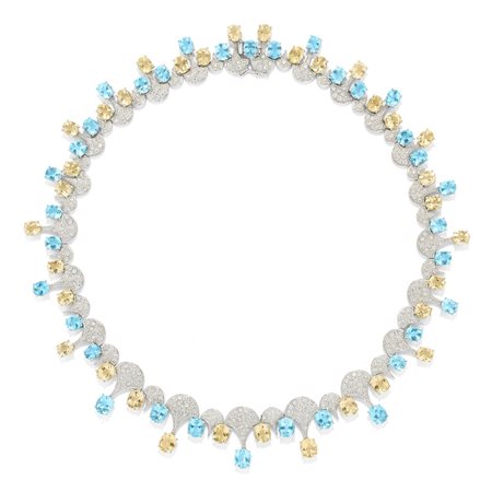 Collana con diamanti, quarzi lemon e acquemarine in oro bianco 18k