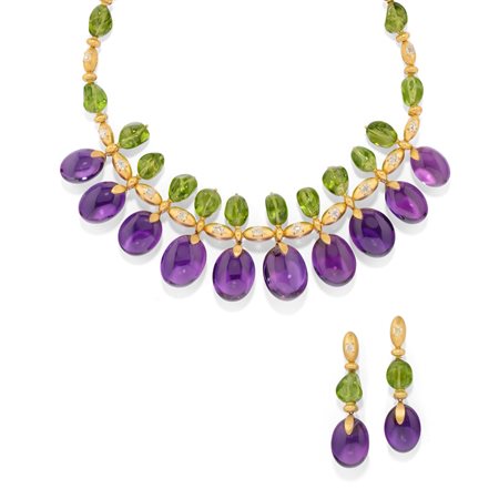 Demi-parure con ametiste e peridoti in oro giallo 18k