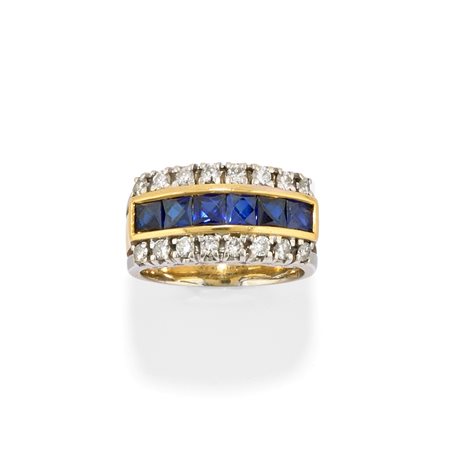 Anello con zaffiri e diamanti in oro bicolore 18k