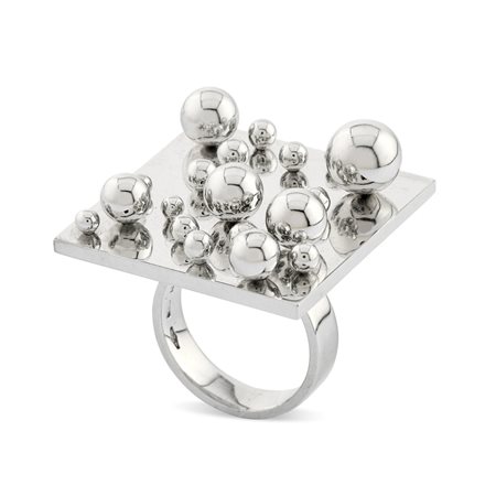 Pol Bury - Anello quadrato con boules mobili in oro bianco 18k