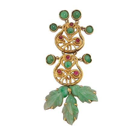 Afro per Masenza - Spilla-pendente MASK con giadeite e rubini in oro giallo 18k 