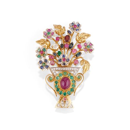 Spilla cestino fiorito in oro bicolore 18k