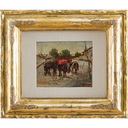 EUGENIO CECCONI, Cavalli in sosta, Olio su tavoletta