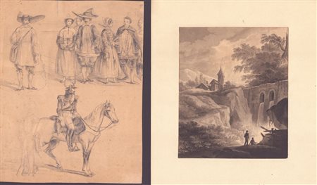  
Paesaggio con cascate | Schizzi di un gendarme e popolani | Famiglia in montagna XIX secolo
 