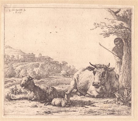 Karel Dujardin (Amsterdam, 1622  - Venezia, 1678) 
Paesaggio con gregge e un pastore dietro un albero | Cani da caccia dormienti 
 