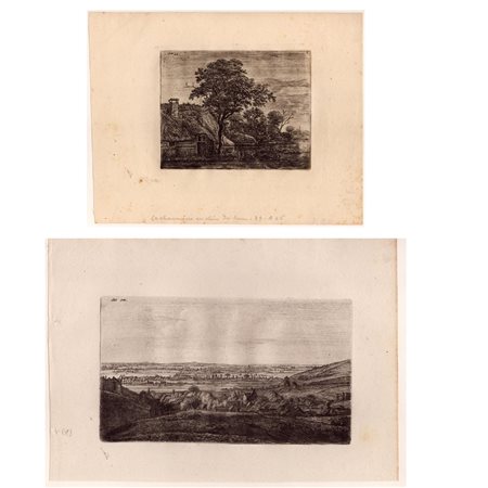 Jan Ruijscher (ca. 1625 - ca. 1675) 
Un piccolo villaggio visto da una collina | Paesaggio al chiaro di luna con casetta 
 