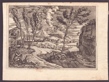  
Paesaggio con colline, fiume e tre figure anonimo incisore del XVII
 