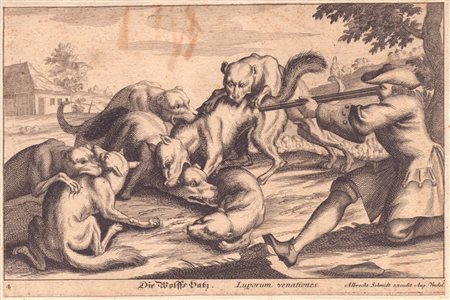 Albrecht Schmidt (1667 ca. - 1744) 
Luporum venationes (Caccia al volpe) anonimo incisore tedesco del XVII/XVIII secolo
 
