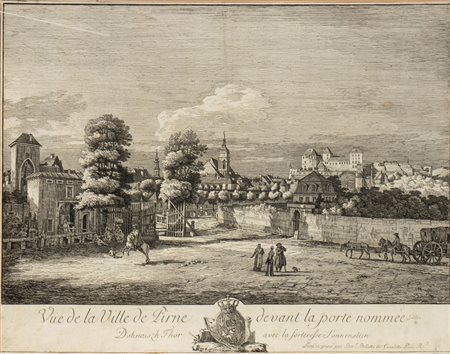 Bernardo  Bellotto (1722 - 1780) 
Vue de la ville de Pirne devant la porte nommée Dohnaiszh-Thor, avec la forteresse Sonnenstein 
 
