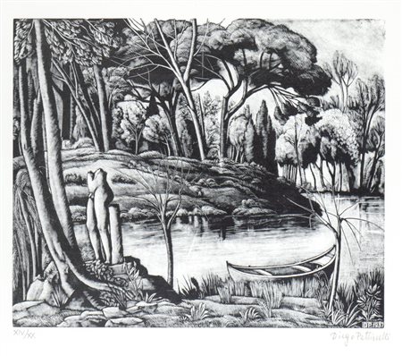 DIEGO PETTINELLI (Roma, 1897 - 1989) 
Paesaggio con lago, barca e scultura antica 1937
 