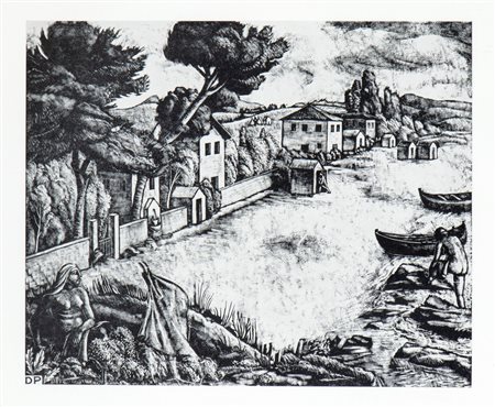 DIEGO PETTINELLI (Roma, 1897 - 1989) 
Scrocio con case e le barche 
 