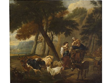 Scuola italiana (XVIII secolo) Paesaggio con figure e armenti Olio su tela...