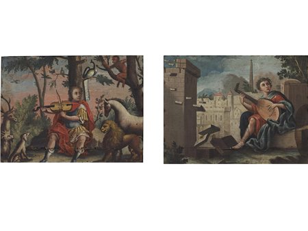 Scuola italiana (XVIII Secolo) Coppia di dipinti rappresentanti Orfeo incanta...