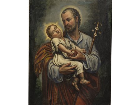 Scuola italiana (XVIII Secolo) San Giuseppe col Bambino Olio su tela Misure...