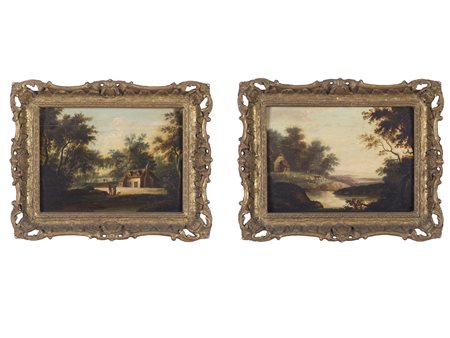 Anonimo (XIX secolo) Coppia di paesaggi Olio su tavoletta 20x28 cm