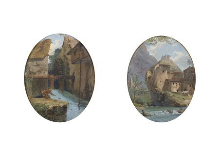 Scuola italiana (fine XIX secolo) Coppia di paesaggi con figure Tempera su...