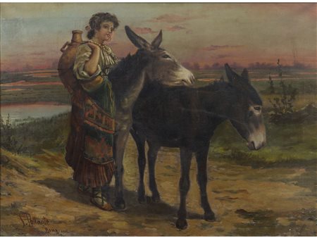 Ballante (XIX-XX secolo) Contadina con asini Olio su tela Firmato Ballante,...