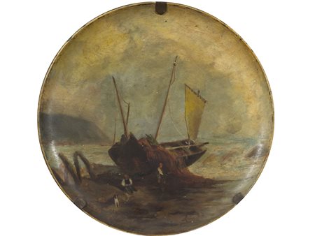 Firma illeggibile (XX secolo) Il rammendo delle reti Olio su ceramica...