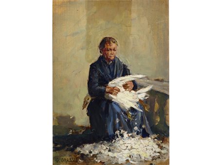 Giuseppe Grassis (Torino 1870-1949) Contadina che spenna l'oca Olio su...