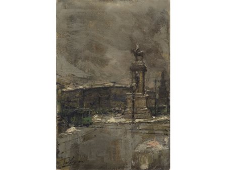 Firma illeggibile (XX secolo) Il Gamba de legn in piazza Olio su tela 60x40 cm