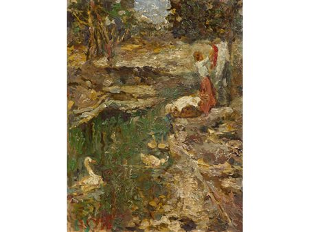 Leonardo Bazzaro (Milano 1853 –Milano 1937) La stenditrice Olio su tavoletta...