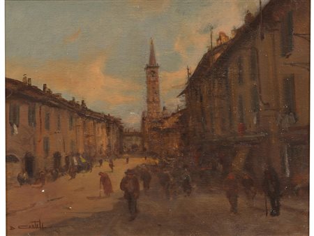 Firma illeggibile (XX secolo) Gente in piazza Olio su tela 40x50 cm