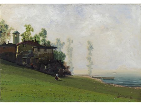 Giuseppe Pessina (Milano 1893-1967) Paesaggio lacustre con figure Olio su...