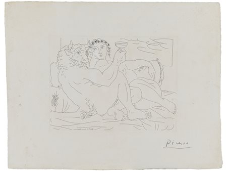 Pablo Picasso (Málaga 1881-Mougins 1973) Le repos du minotaure champagne et...