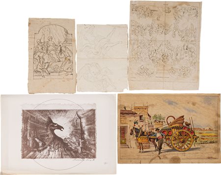 Lotto multiplo di quattro disegni e una stampa: