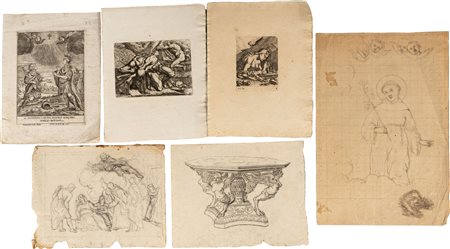 Lotto multiplo di tre stampe e tre disegni: